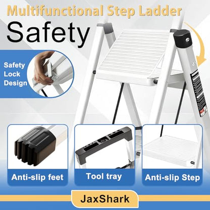 3 Step Ladder with Handrail Folding Step Stool with Tool Tray | 500LBS Capacity Sturdy Carbon Steel Frame Anti-Slip Stripe Pedal for Home Kitchen Garage (white-3step) - color: White-tool, size: 3 step