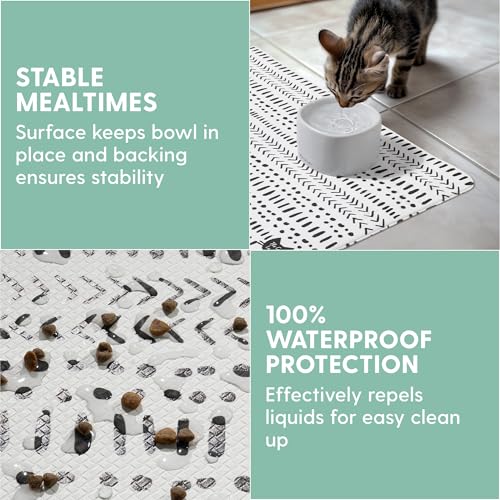 The Cat Ladies Cat Feeding Mat - Waterproof & Dishwasher Safe Small Pet Eating Placemat - Cat & Dog Food Mats for Food and Water Bowl - Protect Floors from Mess - Tribal Print - color: Black and White Tribal