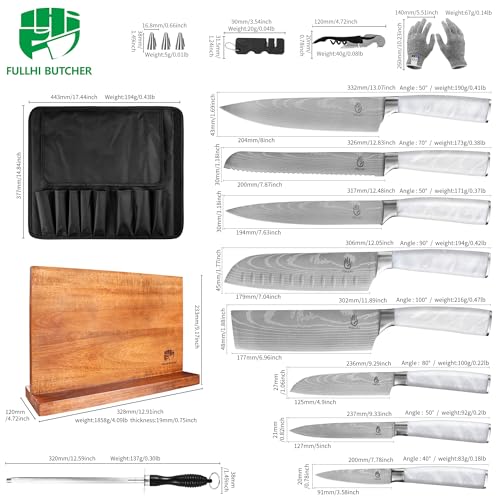 FULLHI 15pcs Japanese Knife Set with Magnetic Knife Block Holder, Stainless Steel Blades, White Resin Ergonomic Handles for Professional and Home Cooking - color: White, size: Magnetic Block Knife set