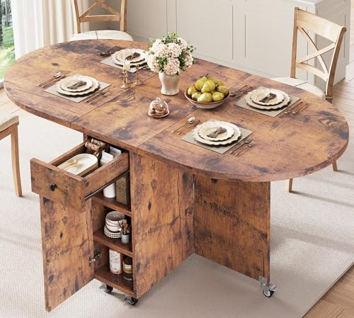 Jocoevol Round Folding Dining Table for 6, Space Saving Drop Leaf Kitchen Table with Storage Drawer, 6 Wheels Oval Gateleg Foldable Dining Table for Small Spaces (Vintage, 51" x 31.5" x 30") - color: Vintage