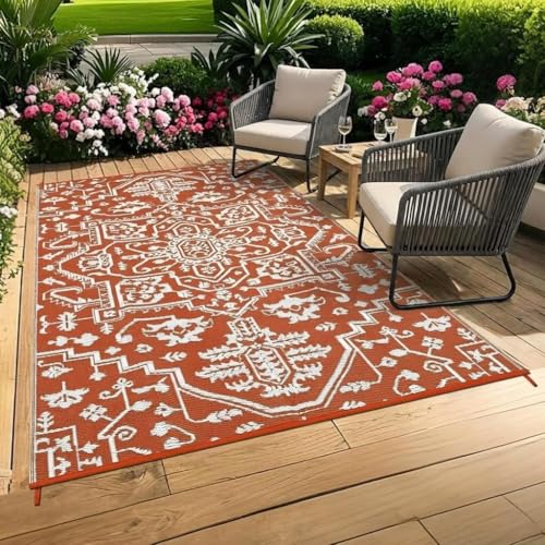8x10 Plastic Straw Outdoor Rug Waterproof Reversible Mat, UV-Resistant Vintage Medal Camping Outdoor Carpet for Patio Deck Balcony Picnic Fold Portable Outdoor Large Floor Mat Orange Red White - color: Vintage | Orange Red White, size: 8' x 10' (Rectangul