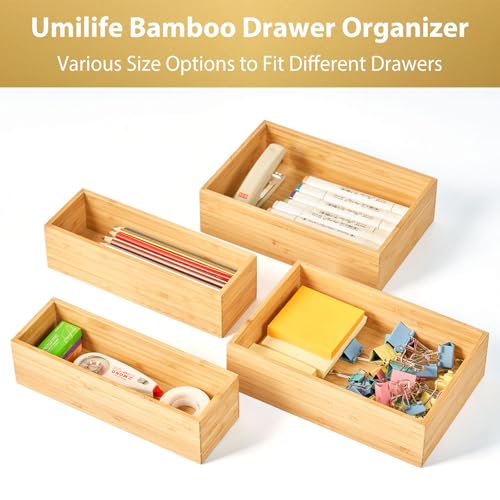 Umilife Bamboo Kitchen Utensils Organizer, Extra High Silverware Drawer Tray, Flatware Cutlery Storage Box, Multi-Use Holder in Office, Bathroom, Pantry - 15"x6"x2.5" (Set of 2) - size: 15 x 6 x 2.5" (Standard, Set of 2)