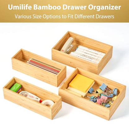 Umilife Bamboo Kitchen Drawer Organizer, Extra High Silverware Tray, Flatware Cutlery Storage Box, Multi-Use Holder in Office, Bathroom, Pantry - 9"x6"x2.5" (Set of 2) - size: 9 x 6 x 2.5" (Standard, Set of 2)