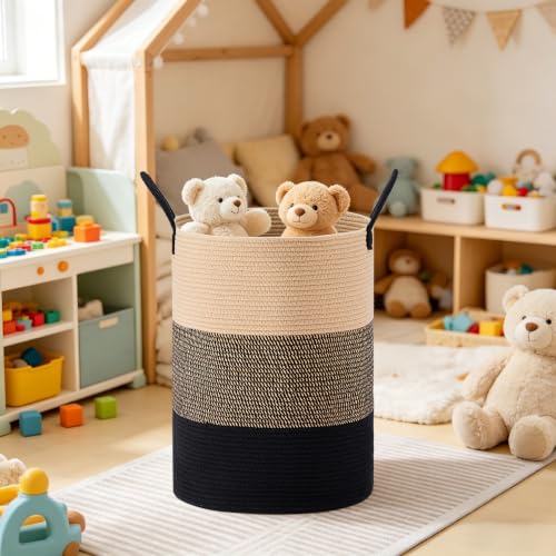 72L Large Tall Cotton Rope Laundry Basket with Handles, Brown & Black - color: Brown & Black, size: 72L