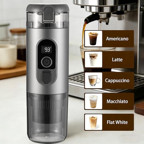 Portable Electric Espresso Machine, 20 Bar Self Heating Small Travel Car Coffee Maker Compatible with Ground Coffee & NS Capsule for Camping RV Hiking Office(Grey)