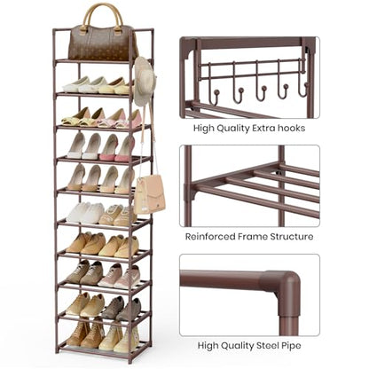 Tall 10 Tier Shoe Rack - 20-24 Pair Storage, Sturdy Metal Shoe Organizer with Hooks for Closet, Entryway, Brown - color: Brown