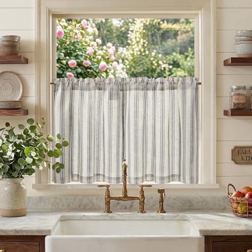 jinchan Striped Linen Kitchen Curtains 24 Inch Tiers Cafe Curtains Farmhouse Small Drapes for Windows Short Balanced Stripe Half Window Light Filtering for Bathroom Laundry 2 Panels Black on Linen - color: Striped Black on Linen, size: 26"W x 24"L (Pack o
