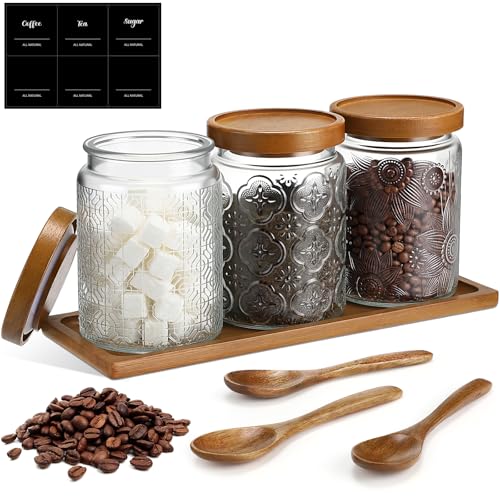 3 Pack 24 oz Glass Coffee Container with Wooden Tray Lid Spoon Labels Clear Airtight Glass Jar Food Storage Kitchen Canisters Set Decorative Coffee Bar Containers for Sugar Candy Tea Flour - size: 24 oz