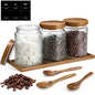 3 Pack 24 oz Glass Coffee Container with Wooden Tray Lid Spoon Labels Clear Airtight Glass Jar Food Storage Kitchen Canisters Set Decorative Coffee Bar Containers for Sugar Candy Tea Flour - size: 24 oz