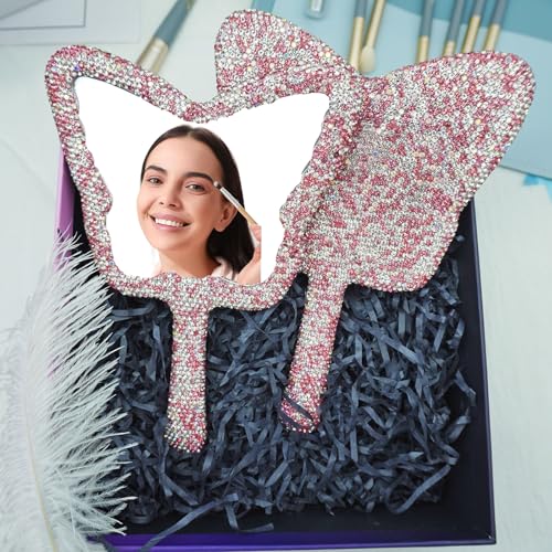 Large Rhinestone Handheld Mirror Heart Bling Glitter Cosmetic Dazzling Portable Hand Mirrors with Handle for Women Wedding Silver White (Butterfly-Pink) - color: Butterfly-pink