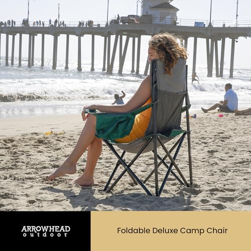 ARROWHEAD OUTDOOR Portable Deluxe Folding Camp Quad Chair w/Headrest, Glass & Cup Holders, Armest 6-can Cooler, Heavy Duty Carry Bag, 550 lbs Weight Capacity - color: Green
