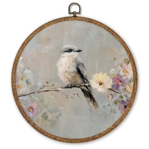 Nature Round Wall Art Decor, Rustic Country Floral Brids Wall Hanging Linen Prints Artwork Circular Framed, Retro Cottagecore Circular Wall Decor for Kitchen Bedroom Living Room, 10x10 Inch (Colorful-Bird02) - color: Colorful-Bird02