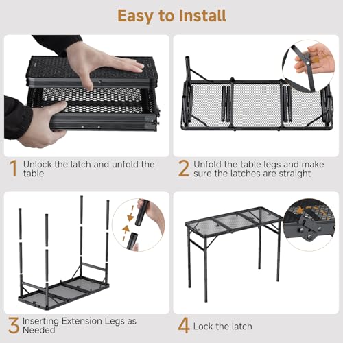 Folding Camping Table, 34.2" x 15.7" Picnic Table with 3 Adjustable Height Max 27.5", Matte Mesh Black Aluminum Folding Table with Handle for Party, Dining, Garden, Patio, Market - style: 3-Fold Mesh Tabletop