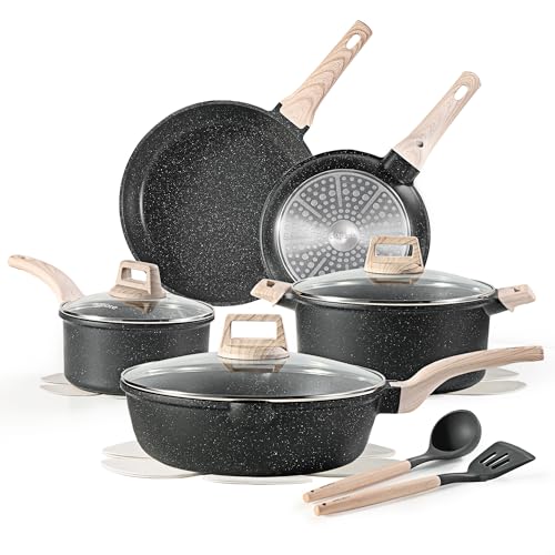 CAROTE 14Pcs Pots and Pans Set Non Stick, Cookware Sets Induction Cookware Granite Cooking Set with Frying Pans, Saucepans, Saute Pan, Extra Large Casserole - color: Black, size: 14 Piece