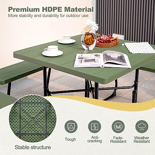 Tangkula 8 Person Picnic Table, Outdoor Square Picnic Table with 4 Built-in Benches, Umbrella Hole, Metal Frame & HDPE Tabletop, Outside Table and Bench Set for Backyard, 2300lbs Weight Capacity - color: Green