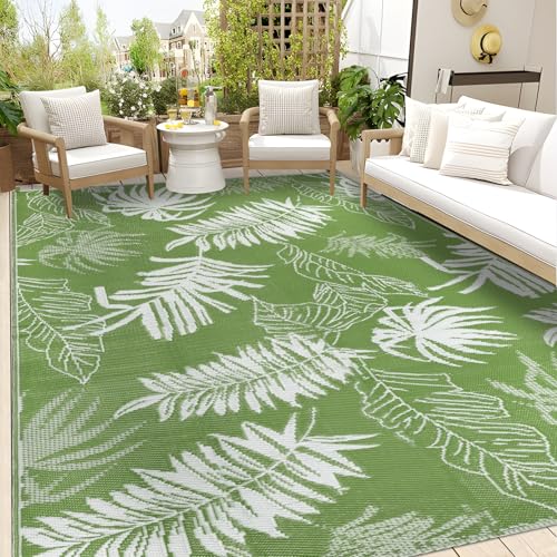 Falflor Outdoor Rug 8x10 ft Patio Waterproof, Reversible Outdoor Plastic Straw Rug RV Mat, Indoor Outdoor Carpet Large Area Rug for Patio Camping Deck Backyard Balcony Picnic Beach - color: Grass Green, size: 8' x 10'