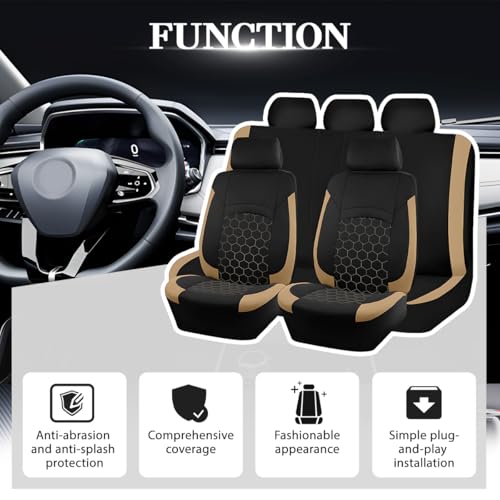 Car Seat Cover Full Sets, Polyester Foam Breathable Waterproof Vehicle Split Front Rear Seat Protectors, Automotive Interior Chair Cushion Pad, Universal for SUV RV Truck (Beige) - color: Beige
