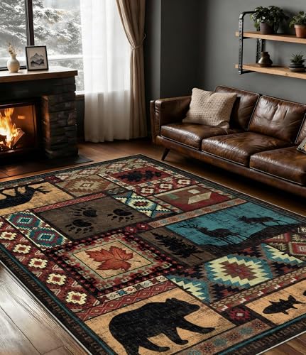 YIHOUSE Rustic Cabin Area Rug 5x7,Machine Washable Lodge Bear Rug,Non-Slip Low Pile Print Pattern Southwestern Rug for Living Room Bedroom - color: Brown, size: 5'x7' (Rectangular)