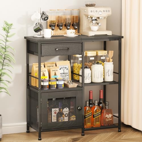 SWTYMIKI Coffee Bar Cabinet for Home - Farmhouse Coffee Stand Station Multi-Purpose Storage Cabinet with Adjustable Feet, Drawers - Kitchen Bar Table for Living Room, Corner, Small Space, Black - color: Black - Standard, style: Coffee Station with Storage
