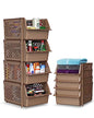 TidyFriend Plastic Stackable Storage Bins for Pantry, 4 Pack Stackable Bins For Organizing Food, Kitchen, and Bathroom Essentials (Brown) | Sturdy Plastic, Easy Stacking, Open Front Access, Ventilated Sides, Vertical & Space Saving Pantry Organizers and S