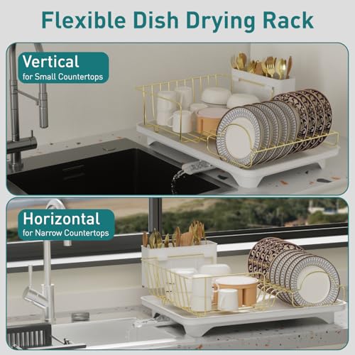 Buruis Dish Drying Rack for Kitchen Countertop, Large Capacity Gold Stainless Steel Dish Drainer with Anti-Slip Rubber Feet, Removable Drain Board and Utensil Holder (White Tray) - color: White Drainer