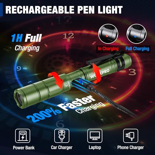 WORKPRO Rechargeable Pen Light, Mini Flashlight, 2 Pack Ultra-Compact EDC Flashlight, Pocket Flashlight with Clip, Memory Function and 2 x USB C Cable Included, Green - color: Green