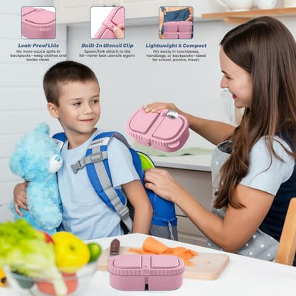 Silicone Snack Containers for Kids (8.5Oz, 2-Compartment)+ Kids Silicone Cutlery Set (Spoon and Fork) - BPA Free, Leak Proof, Great for Toddler/Kid/Adult Meal Prep Containers (pink) - color: pink