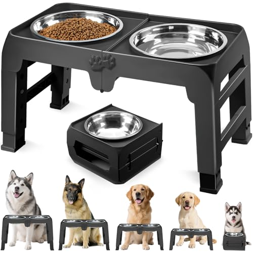Elevated Dog Bowls for Large Dogs 5 Adjustable Heights 7.5"-15.4", 2 X-Large 10” Stainless Steel Bowls, Heavy Duty Raised Dog Bowl Stand Foldable Pet Feeder for Dogs Shoulder Height Over 15”, Black - color: Black, size: 10" for Large Dogs