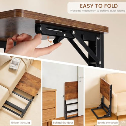 Folding Side Table, Adjustable C-Shaped End Table for Couch, Metal Frame TV Tray Table for Sofa Living Bedroom Bedside Coffee Small Spaces (Brown, 15.8" L x 11.8" W) - size: 15.8"L x 11.8"W