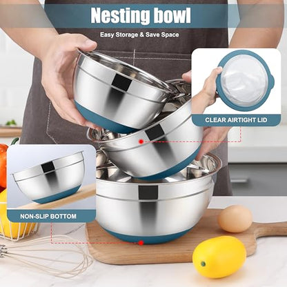 E-far Mixing Bowls with Lids Set, 15PCS Stainless Steel Mixing Nesting Bowls with Colander and 3 Metal Graters for Kitchen, Non-Slip Bottom & Airtight Transparent Lid, 4.6, 3, 1.5, 1, 0.7QT, Blue - color: Blue