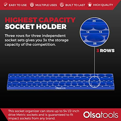 Magnetic Socket Holder with 3 Rows by Olsa Tools - color: Blue, size: 1/2-Inch Drive, Metric