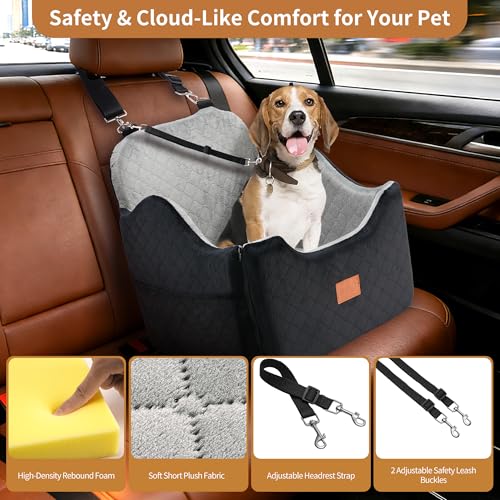 XEEP Dog Car Seat Bed for Small/Medium Dogs – Dog Booster Car Seat Up to 35 lbs -Use Travel Booster Seat with Memory Foam, Safety Belt, Bonus Urine Pad & Blanket, Removable Washable (Black/Grey)