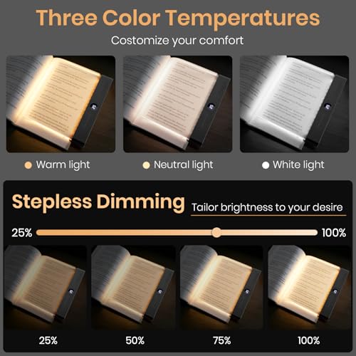 Book Light, Rechargeable Clear LED Flat Reading Light for Reading in Bed at Night with 3 Colors & Timer, Dimmable Full Page Panel Plate Lamp, Bookish Gifts for Readers Kids Women Men (Black) - color: Black