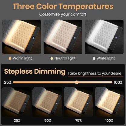 Book Light, Rechargeable Clear LED Flat Reading Light for Reading in Bed at Night with 3 Colors & Timer, Dimmable Full Page Panel Plate Lamp, Bookish Gifts for Readers Kids Women Men (Black) - color: Black