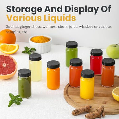 20 PACK 2 oz Glass Shot Bottles w/ Black Lids & 20 Labels - Small Clear Jar for Ginger, Wellness Shot, Juice, Sample, Whiskey - Travel Essentials Mini Bottles - Wide Mouth, Leakproof, Dishwasher Safe - color: Black Lid, size: 20 Pack