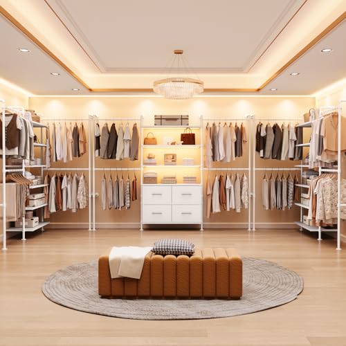 T3 Closet System with Stepless Dimmable LED Light, Industrial Pipe Clothing Rack with 4 Drawers, 6 Wooden Shelves & 4 Telescopic Rods, Heavy Duty Closet Organizers in Wardrobe Closet (White) - color: White