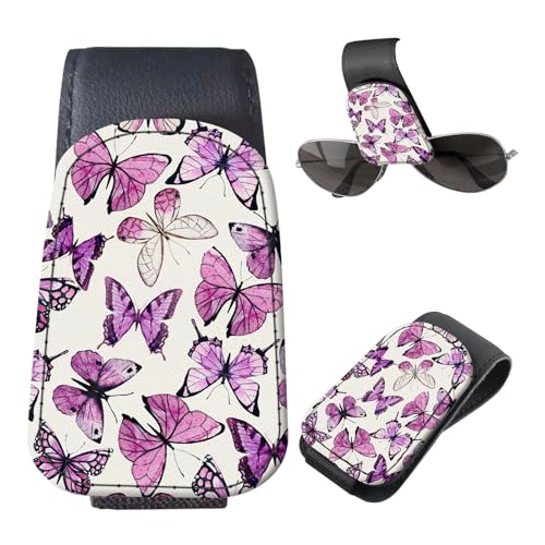 Sunglasses Holder for Car Visor, PU Leather Glasses Clip Organizer, Cute Magnetic Eyeglass Holder for Vehicle Sun Visor, Car Interior Accessory for Women & Men Pink Purple Butterflies - color: Pink Purple Butterflies