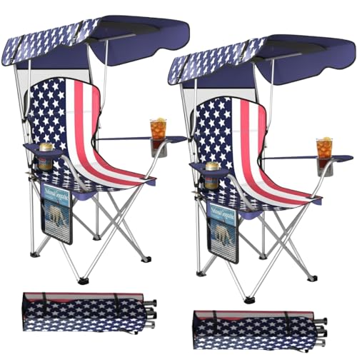 Portable Folding Camping Chairs with Canopy Shade, Beach Chair for Adults, Durable Weather Resistant 600D Oxford Cloth, Camping Chair with Canopy for Outdoors [Flag-2 Pack] - color: Upgraded Usa (2-pack)