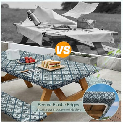 Play Tailor Picnic Table Cover with Bench Covers Camping Essentials Waterproof Windproof Camping Tablecloth with Drawstring Bag, Fitted Rectangle Tables and Seats, 72in, Blue Green Plaid - color: Blue Green Plaid, size: 72in