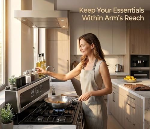 AWOKE Magnetic Over the Stove Shelf, 16" to 30" Extendable Steel Spice Rack for Back of Stove, Above Oven Storage Organizer, Stove Top Shelf for Kitchen Range, Heat Resistant Ledge for Spices & Oils
