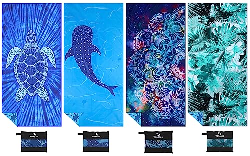 Yongoes 4 Pack Microfiber Lightweight Thin Beach Towel Sand Free Quick Dry Super Absorbent Large Towels for Swimming Pool Yoga Gym Travel Vacation Beach Accessories Essentials for Adults - color: 4 Pack Turtle Whale Leaf Mandala
