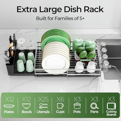 Large Dish Drying Rack, Expandable Dish Rack, Stainless Steel Anti-Rust Dish Racks for Kitchen Counter, Multifunctional Dish Drainer with Utensil Holder & Cup Holder, 13.4"-28.7" L x 11.8" W - color: Silver, size: 1 Tier