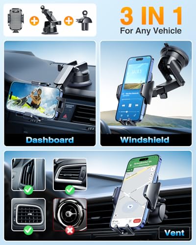 VANMASS [True Military-Grade Car Phone Holder [Best Suction & Clip] Cell Phone Mount for Dashboard Windshield Vent Wall,Truck Cradle Dash Stand for iPhone 15 Pro Max 14 13 12 Android,Light Black - color: Black