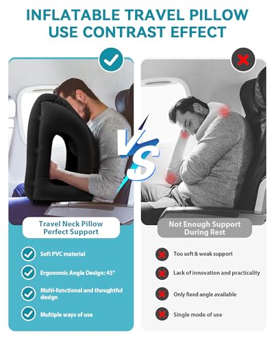 Inflatable Travel Pillow, Airplane Neck Pillow Comfortably Supports Head and Chin for Airplanes, Trains, Cars Office Napping on The Tray Table (Black) - color: Black(standard)