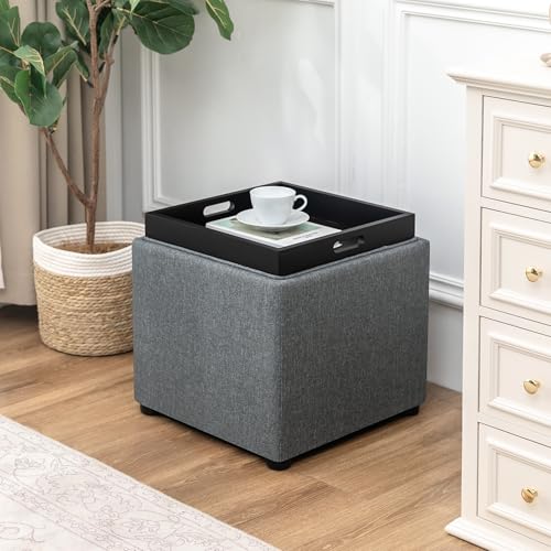 Adeco 17 inch Square Storage Ottoman with Reversible Tray Top, Linen Fabric Footrest Stool & Small Coffee Table for Living Room, Bedroom, and Dorm, Grey - color: Grey With Tray