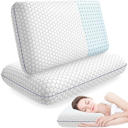 CushyOasis Memory Foam Pillows for Side, Back and Stomach Sleepers, Set of 2, Bed Pillow with Washable Cover and Breathable Mesh, Bed Pillow for Sleeping (Grey，Standard Size)