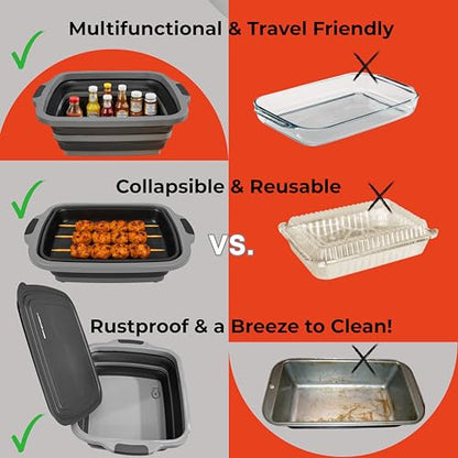 Collapsible X-Large (16L) BBQ Marinating Tub w/ Cutting Board | Multipurpose Food-Grade TPE Prep Tub w/ Lid | Built-In Colander & Drain Plug - For Camping | Tailgate | Picnic - Slate Black - size: X-Large