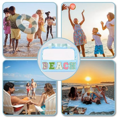 Beach Bags Chenille Letter Patch Clear Beach Bag for Travel Preppy Cosmetic Bags Clear Snacks Pouch with Zipper Toiletry Bags for Traveling Women Travel Bags for Toiletries - color: Blue-Beach