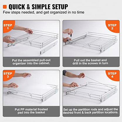 VEVOR 21.5" Wx21 Dx3.5 H Pull Out Cabinet Organizer, Heavy Duty Slide Out Pantry Shelves, Chrome-Plated Steel Roll Out Drawers, Storage for Home, Under Sink, 23" Wx22 Dx7 H Install Size for Cabinet - size: 21.5"Wx21"D