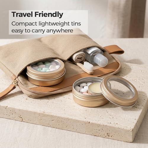 2 oz (60ml) Champagne Aluminum Tins with Clear Lids and Labels, 24 Pack | Clear View Lid, Secure Packaging, Tight Screw Lids, Includes Blank Labels, 11 Color Options - color: Champagne